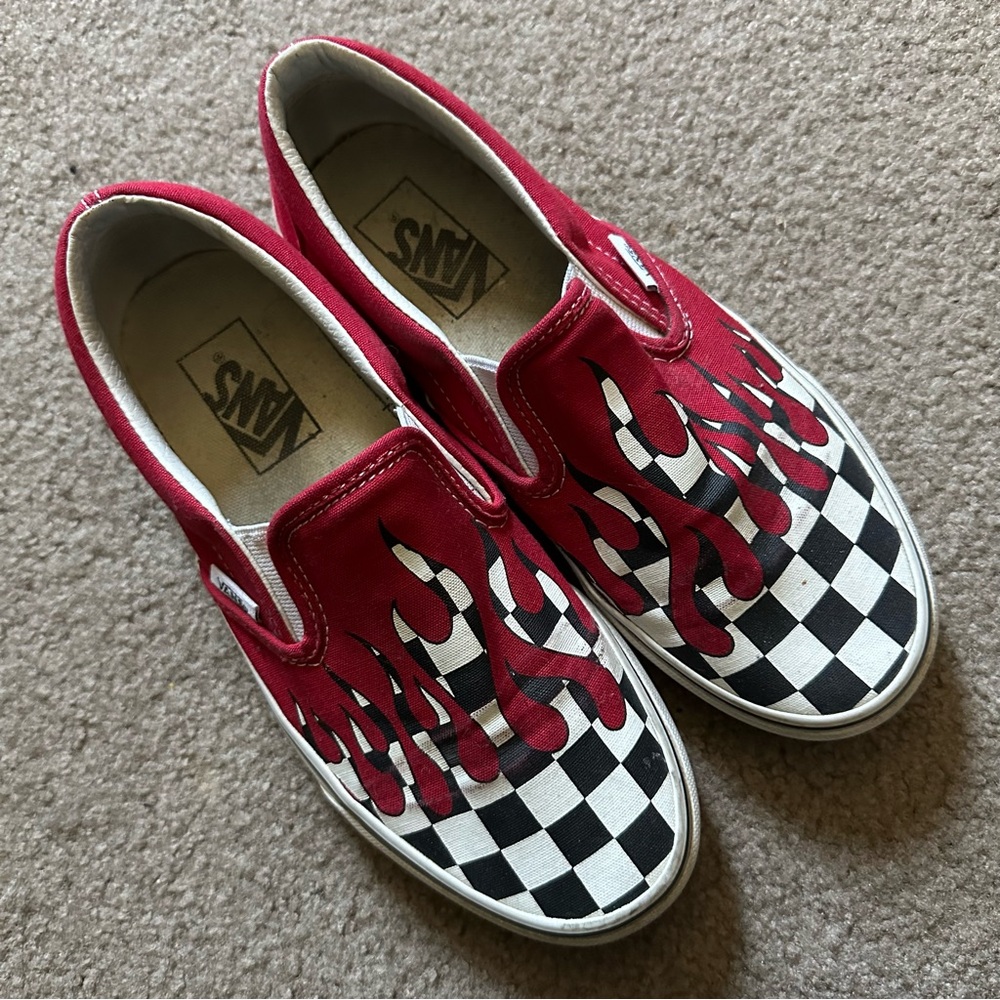 Vans Red and Black Flame Checkered Sneakers Sz 7.5